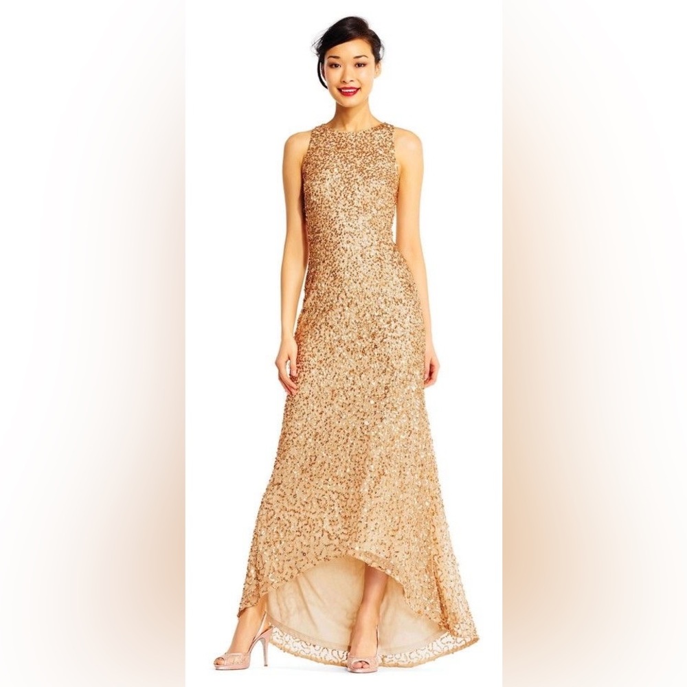 ADRIANNA PAPELL Sequin High/Low Gown Gold